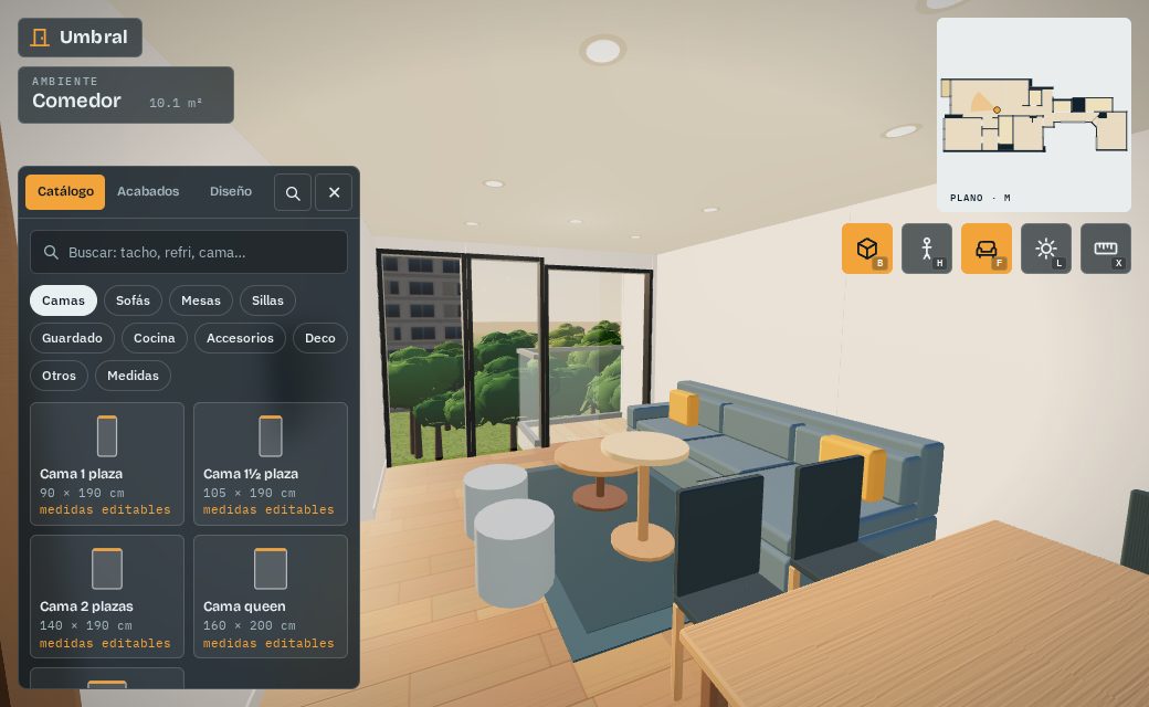 Modo constructor con el catálogo de muebles abierto