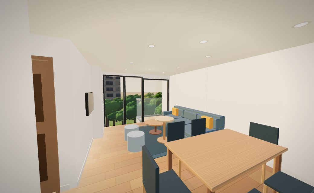 Vista en primera persona del comedor y la sala del departamento 402 amoblado, con la terraza al fondo
